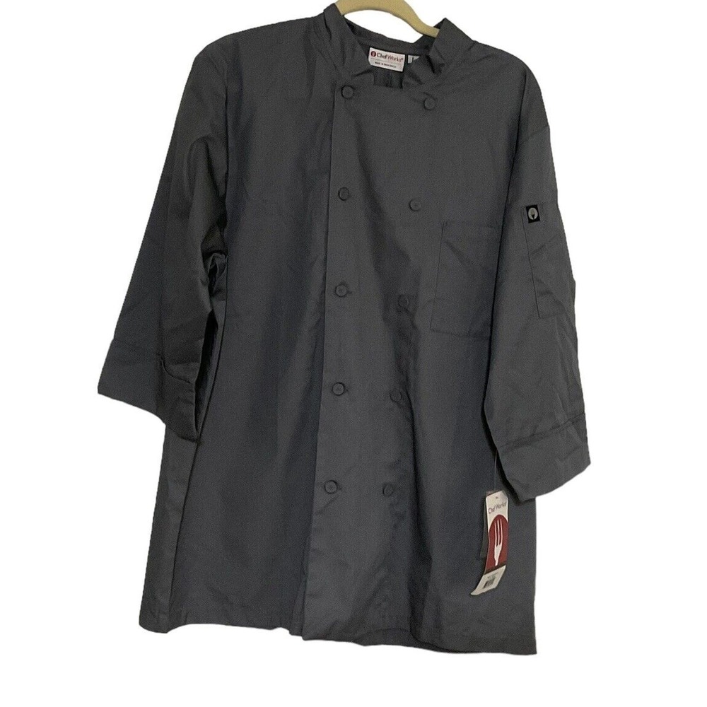 Chef Works Culinary Shirt Gray Poly/Cotton With 3/4‎ Sleeve Size L Button Up New